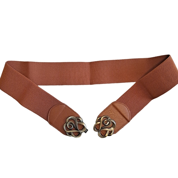 Brown antique gold ornate buckle corset boho elastic wide waist dress belt - Picture 8 of 8